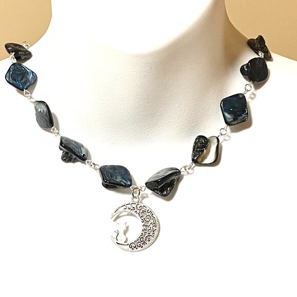 Blue Irregular Mother of Pearl Shell Necklace + Cat on the Moon Pendant - Picture 2 of 13